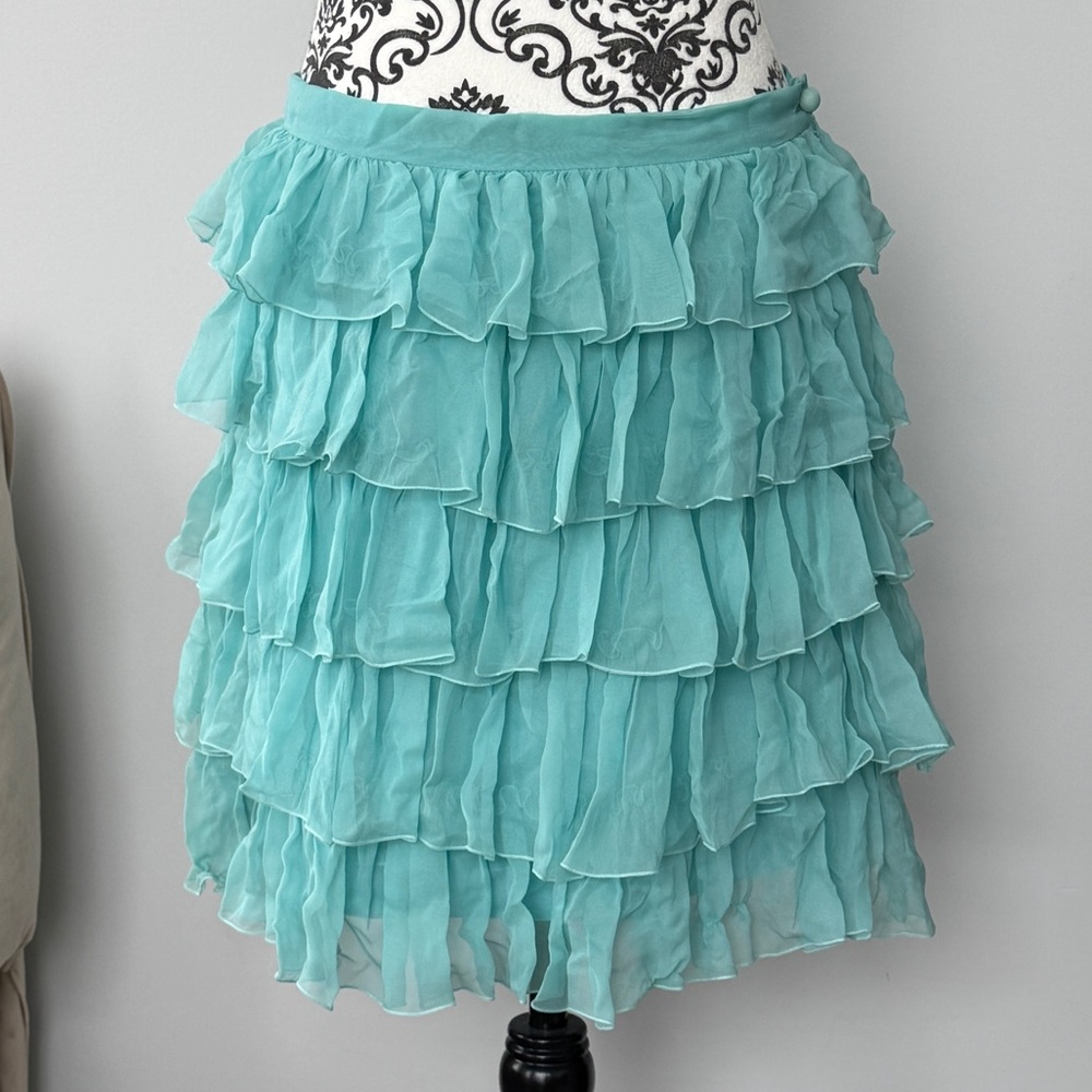 Valentino Silk Knee-Length Skirt with Ruffled Tiers Blue-Green Aqua 44/8